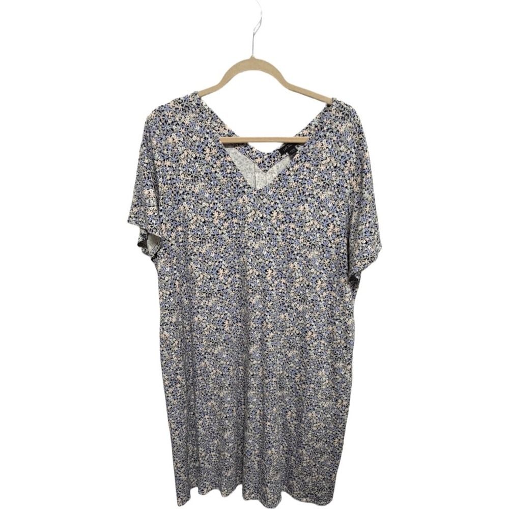 J. Jill Wearever Dress XL Petite V Neck Floral Stretch Knit Blue Pink Casual